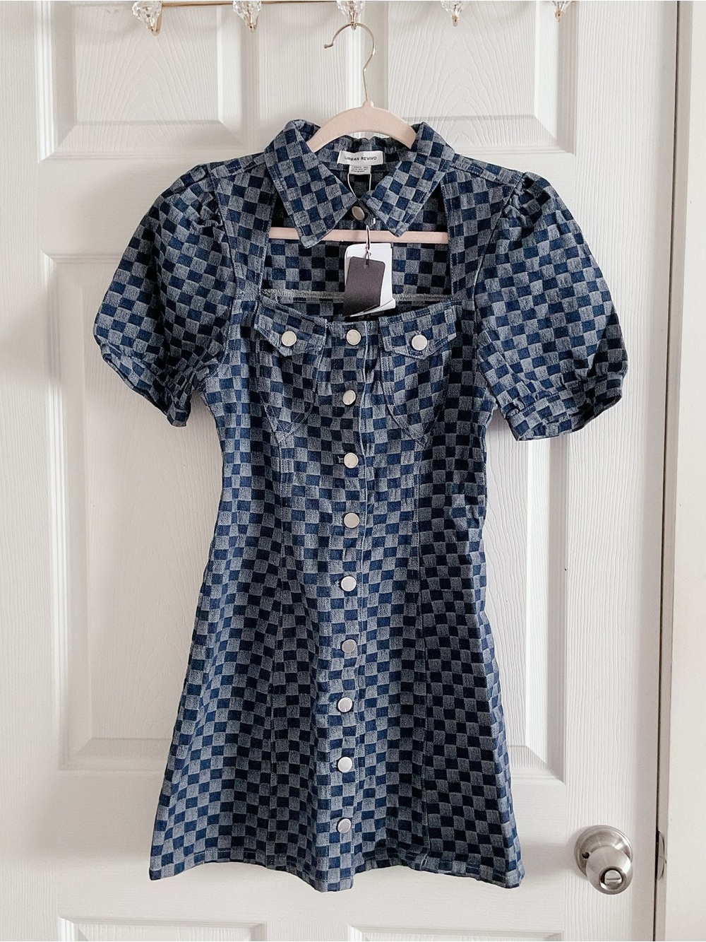 Checkerboard Puff-Sleeve Mini Dress in Blue